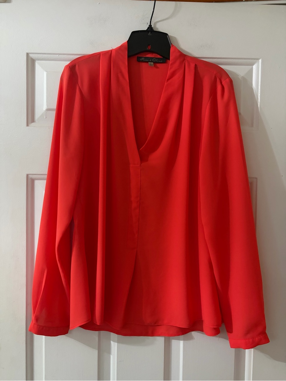 Rose and Olive Hot Coral V-Neck Long Sleeve Blouse. Size large.
